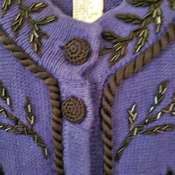 L N I Vintage 80s Cobalt Blue Black Beaded Cardigan Sweater Size S - Picture 5 of 7